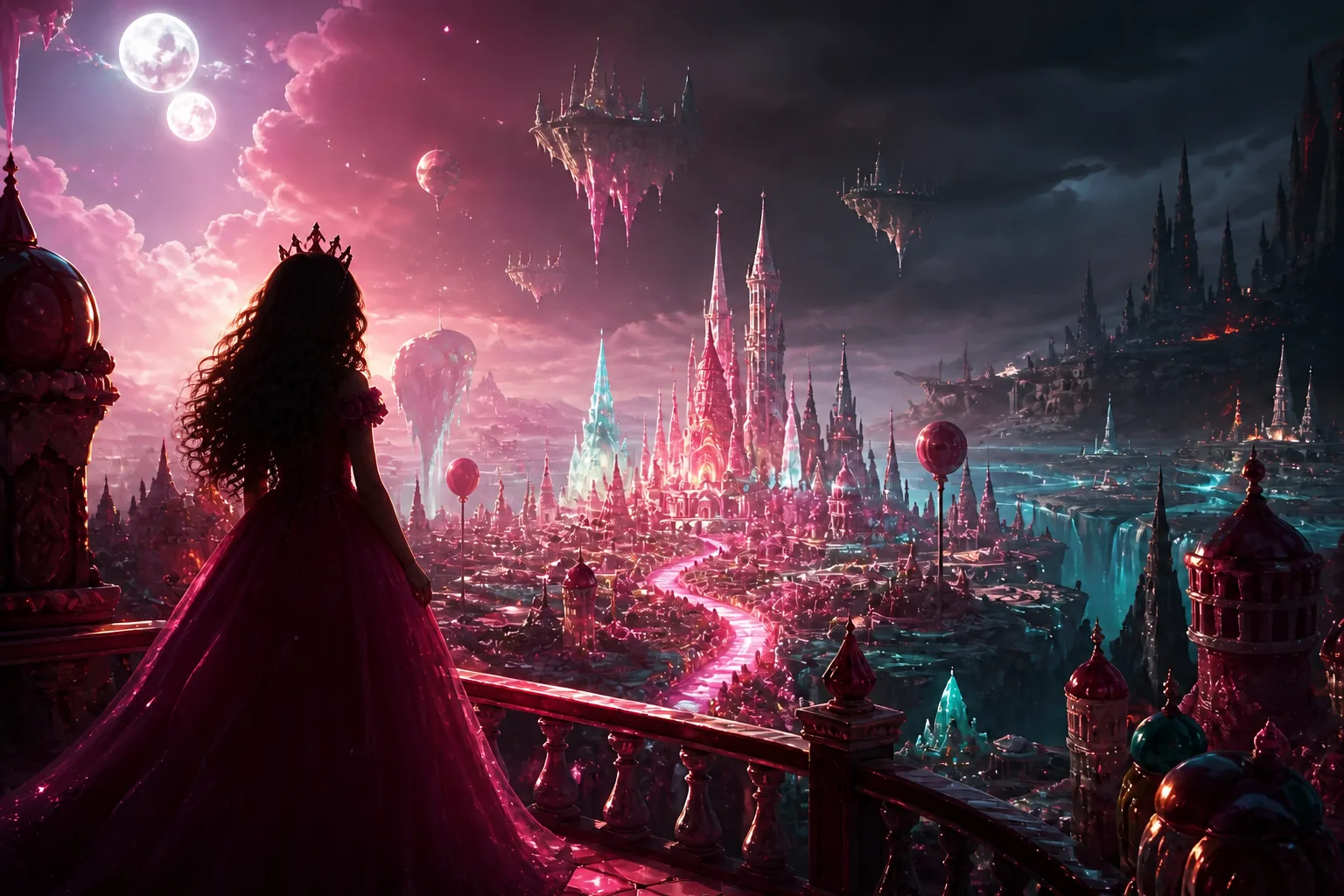 An anonymous curly-haired princess stands in shadow on a castle balcony overlooking the magical kingdom of Candytopia