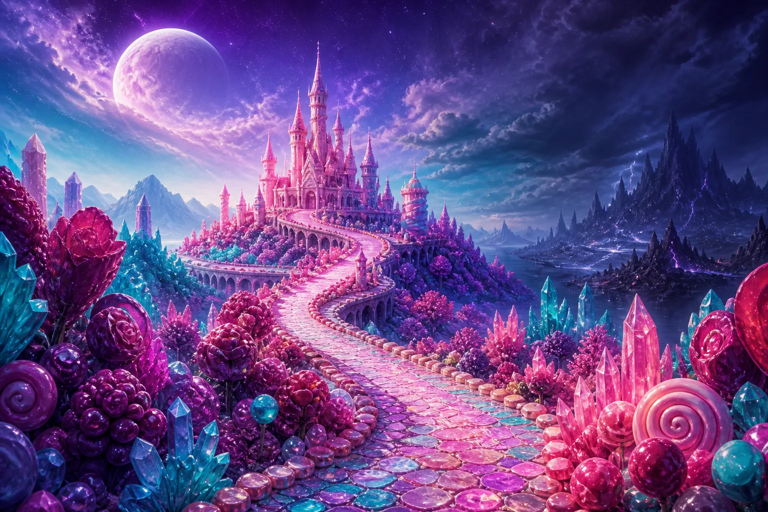 A luminous candy kingdom with a glowing castle, crystal path, and a mysterious dark horizon