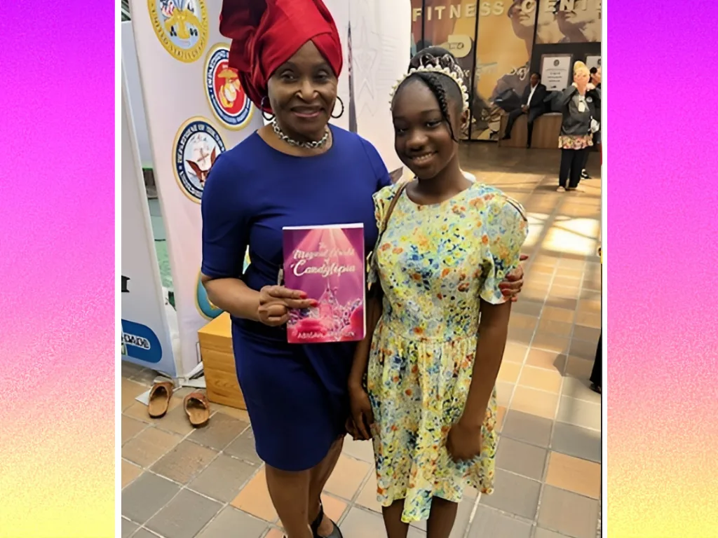 Abigail Samson and a supporter pose at a Candytopia community event