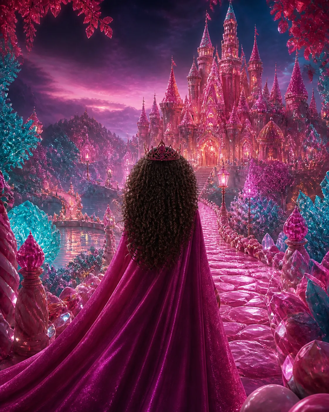 An anonymous princess figure viewed from behind with long natural curls as she looks toward the magical kingdom of Candytopia